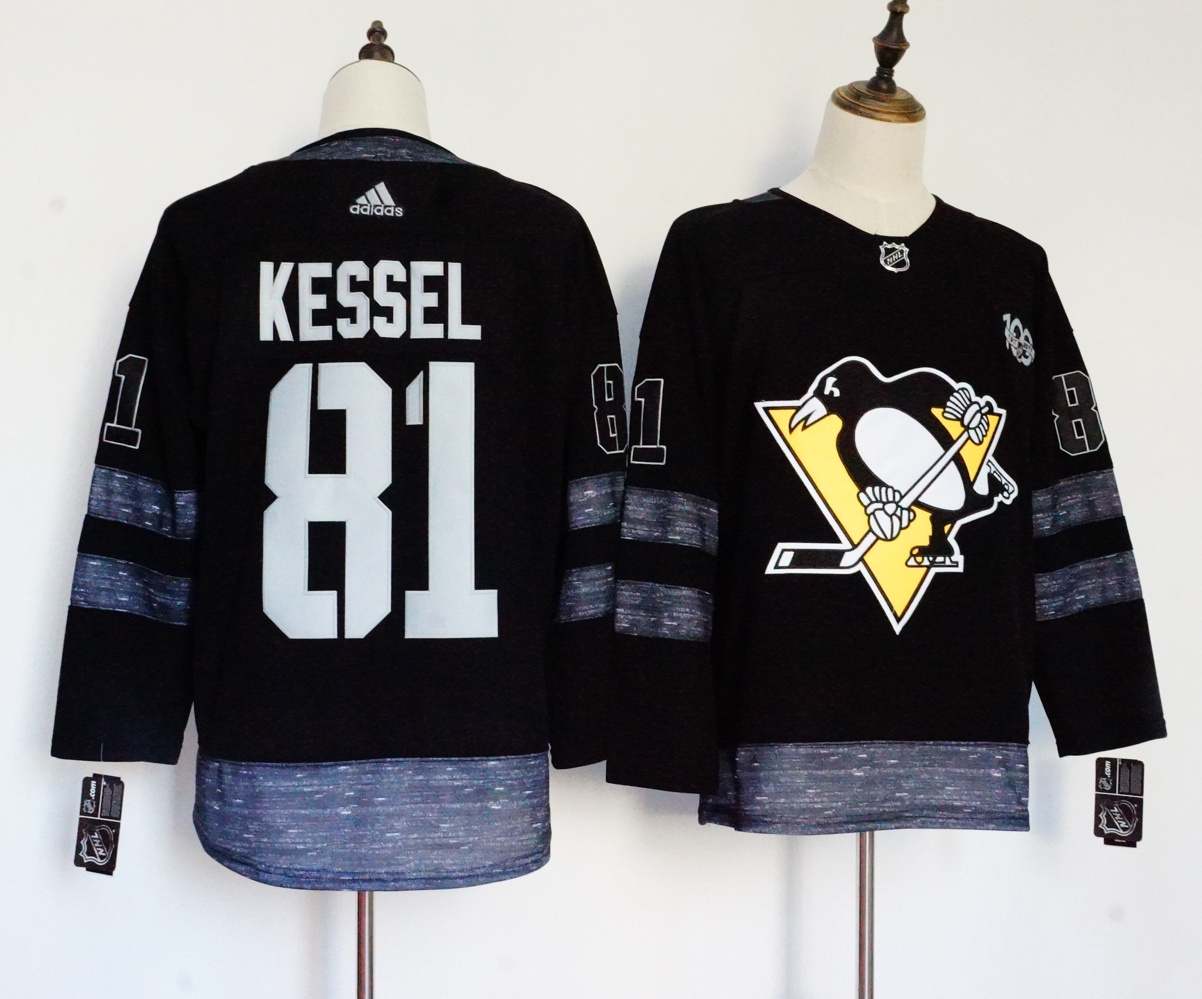 Men Pittsburgh Penguins 81 Kessel Black 100th Anniversary Stitched Adidas NHL Jerseys